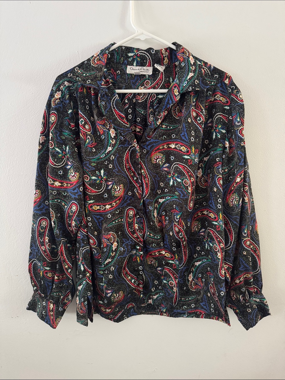Oscar de la Renta Black Paisley Button-Up Blouse Sz 14